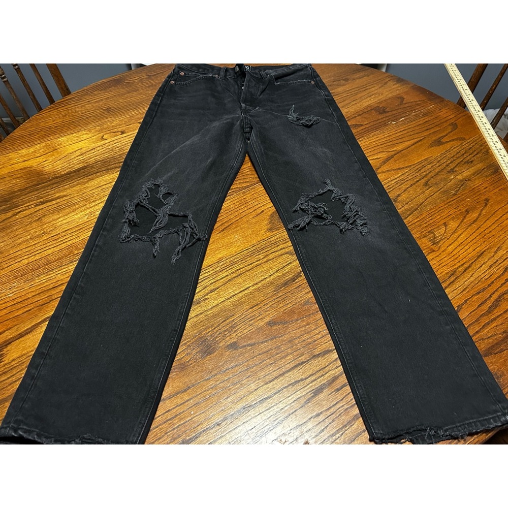BDG Urban Outfitters Relaxed Straight Distress Black Jeans 27 Button Fly Raw Hem